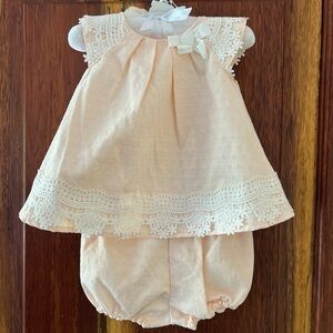 Catherine Malandrino baby girl dress with bloomers, bonnet, and booties.